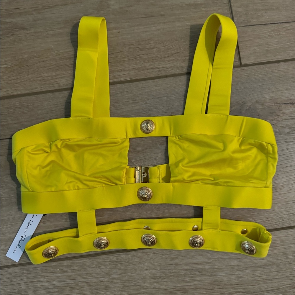 NWT $225 Monica Hansen Rich & Fab Cut Out Bikini TOP yellow Revolve gold